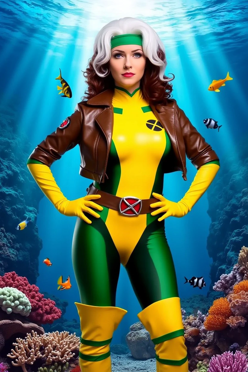 xrgmn woman costume green and yellow bodysuit cosplay, belt, jacket, gloves, brown and white hair, green hair band, 
Georgia, Inara,
Vibrant coral reef and diverse marine life at background, Scattered thunderstorms and rain
<lora:flux_events_Rogue_tr_02_3300_20240906_121619:1>