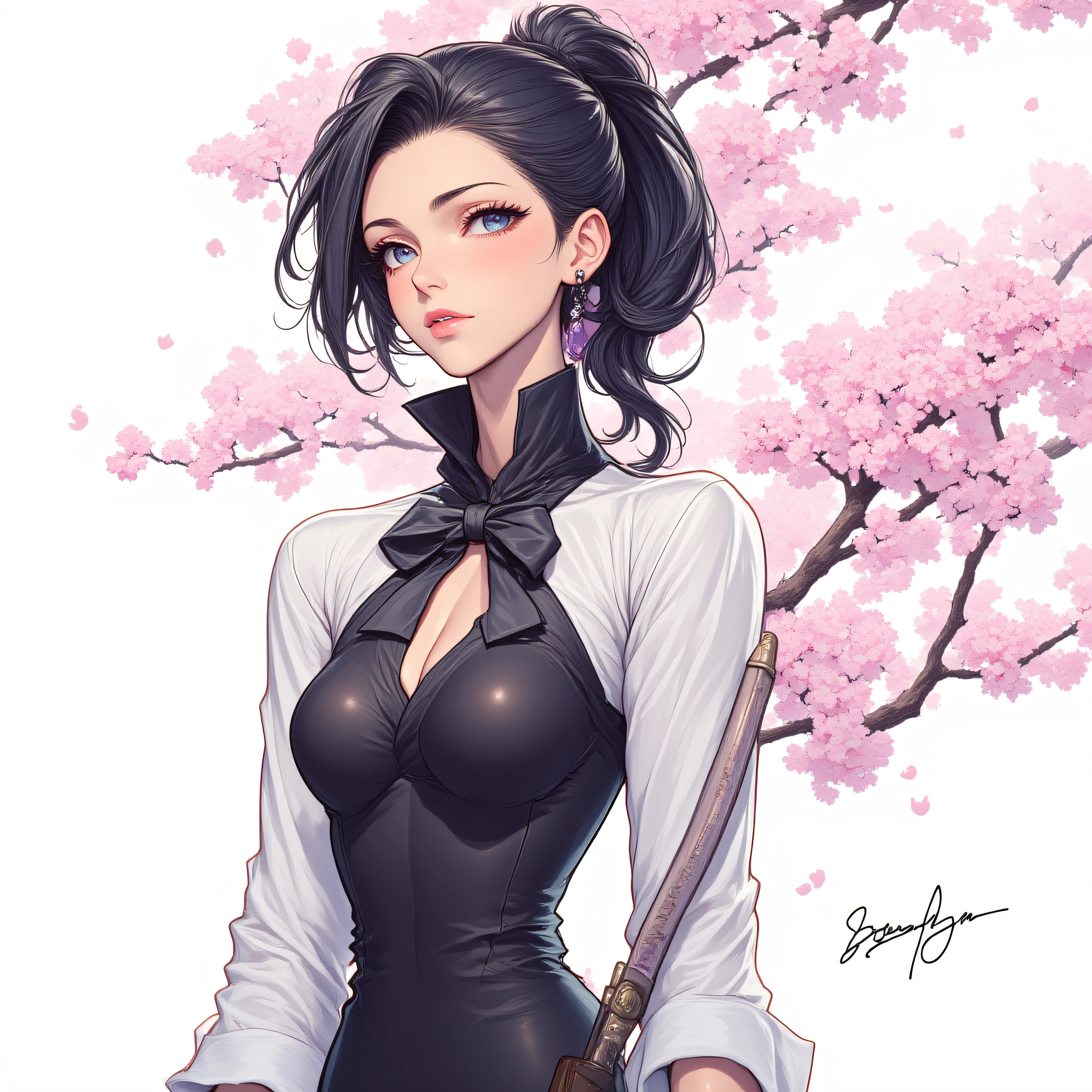 ArsNijiStyle, Bleach, The image is a digital illustration of a young woman with dark hair styled in a high ponytail with pink flowers on top. She is wearing a black and white outfit with a large bow on her chest. The outfit appears to be made of a shiny fabric with a high neckline and long sleeves. The woman is holding a sword in her right hand and is standing in front of a tree with pink cherry blossom flowers. The background is white and there is a date and time stamp in the bottom right corner. The overall style of the illustration is anime-style