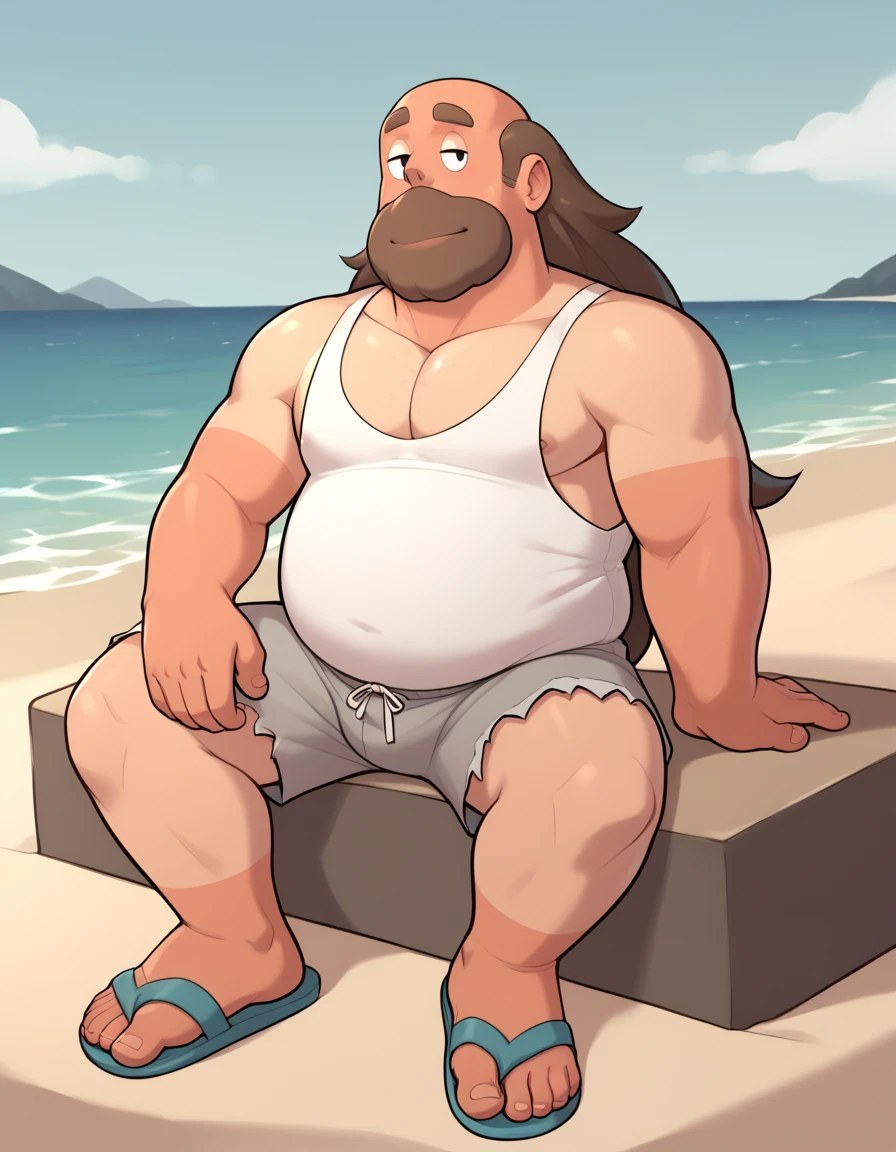 score_9, score_8_up, score_7_up, score_6_up, <lora:GregUniverseP-05:1>, GregUnivP, 1boy, male focus, tan line, beard, black eyes, chubby, long hair, brown hair, white tank top, ripped grey shorts, sandals, sitting, in beach, dynamic angle, zPDXL3