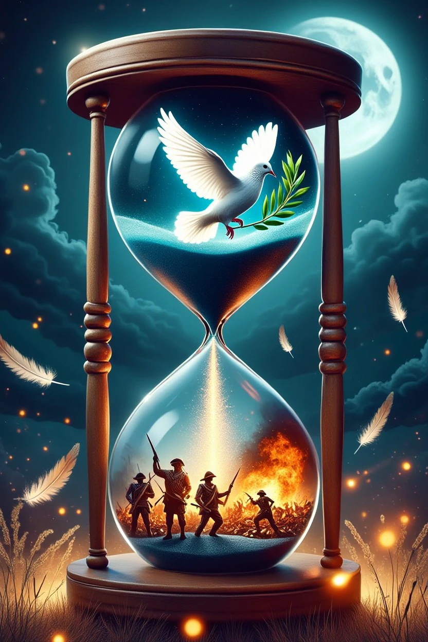 Hourglass style. Hourglass Top: A white dove holding an olive leaf in its beak, flying peacefully. Hourglass Bottom: A chaotic battle scene with soldiers clashing, fires burning, and destruction. Background: The hourglass is placed in a moonlit field, with glowing feathers and sparks of battle flowing through the hourglass, symbolizing the transition from peace to war.
<lora:flux_events_Hourglass_style:1>