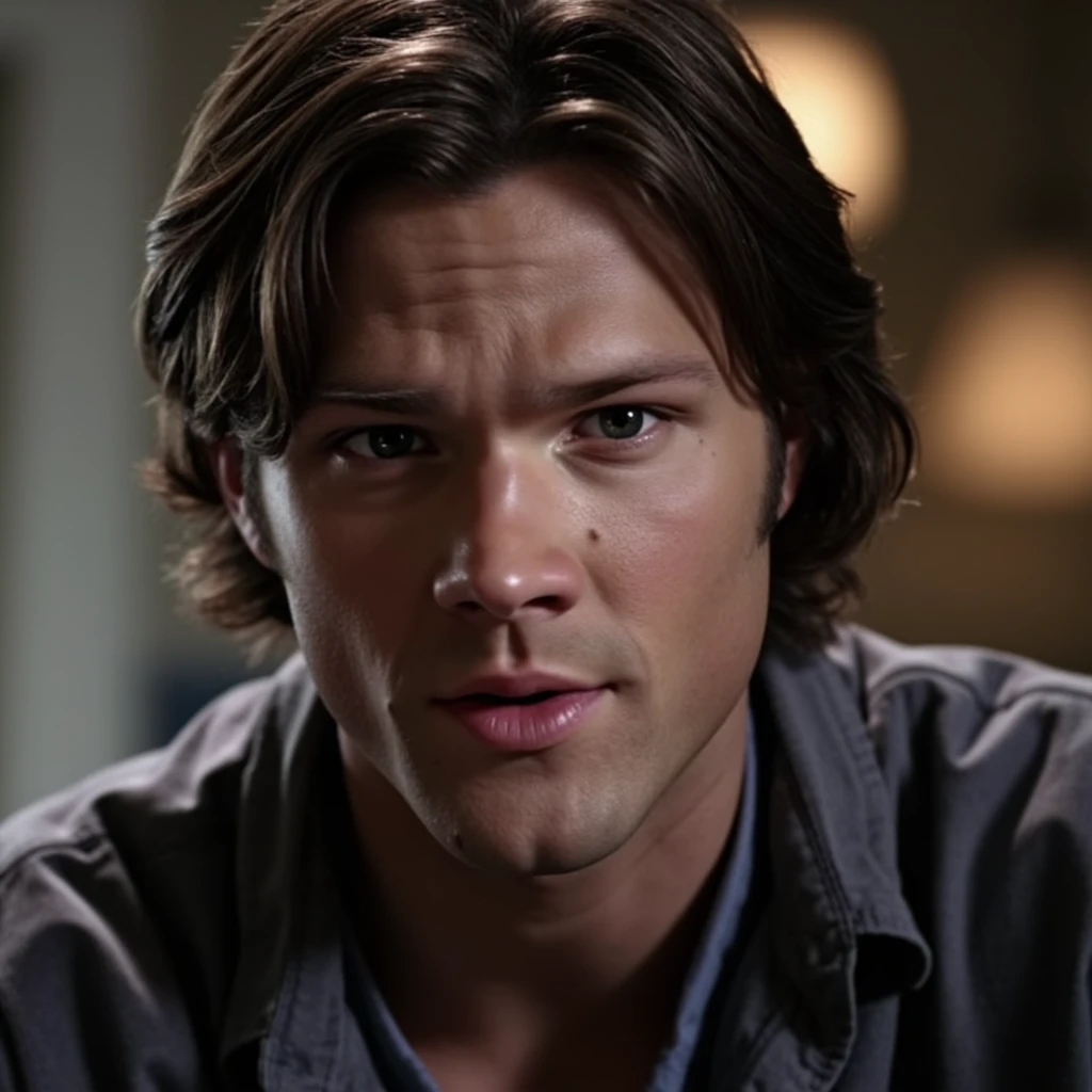 (padalecki, handsome male 20 yo, athletic) looking at viewer, slurp, from below, casual clothes, portrait, close up view