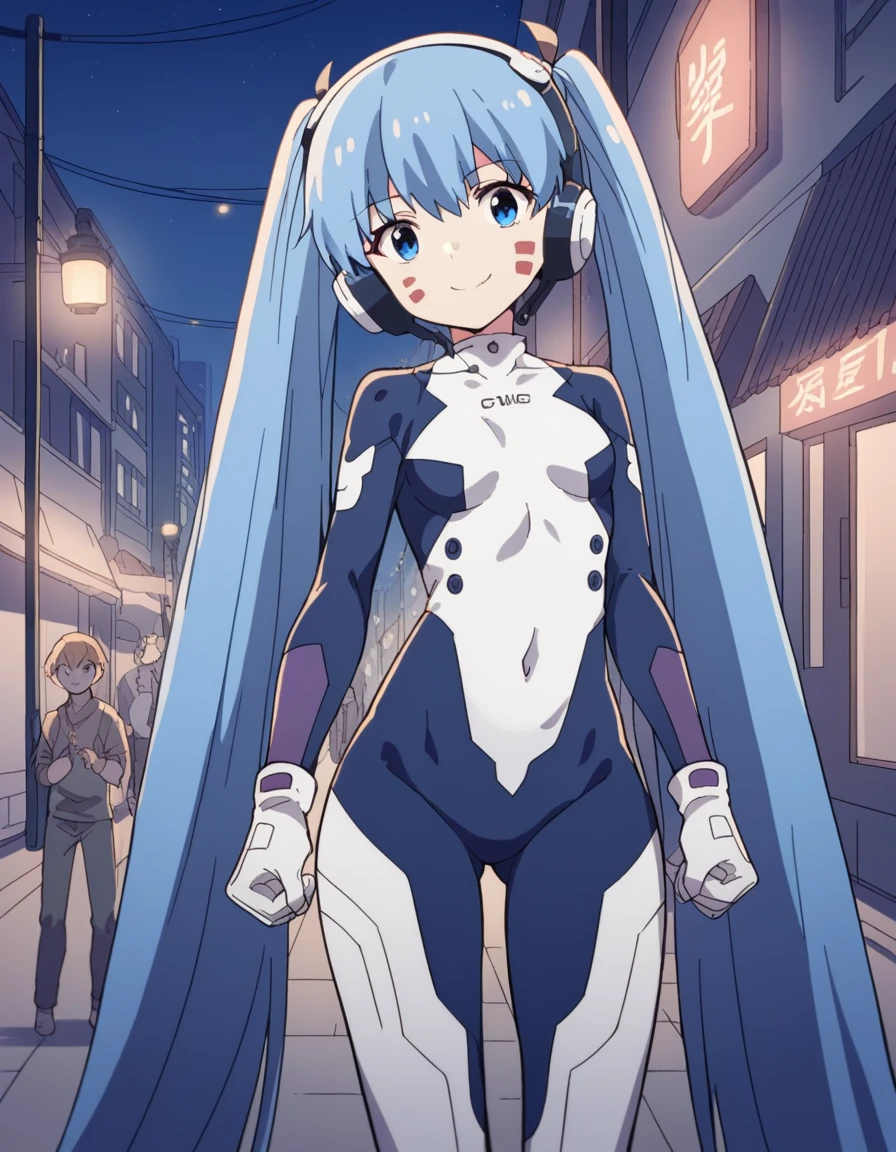 score_9, score_8_up, score_7_up, source_anime, <lora:hermit-mio-s1-ponyxl-lora-nochekaiser:1>, hermit mio, long hair, blue eyes, twintails, very long hair, blue hair, facial mark,, headphones, gloves, bodysuit, covered navel, pilot suit,, city street, evening, streetlights, walking dog, quiet neighborhood, gentle breeze, smile, looking at viewer, arm holding an object, solo,, cowboy shot, dutch angle