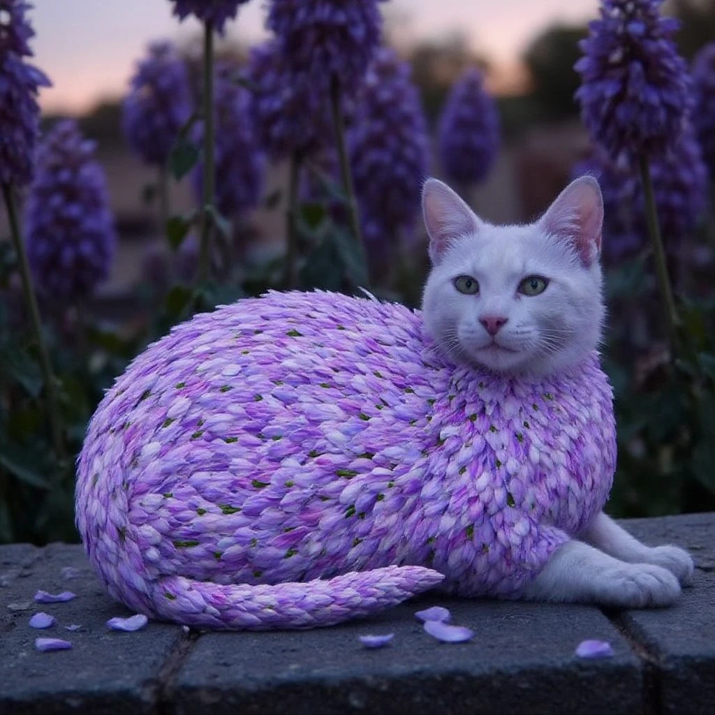 Juaner_whimsy,
A cat with fur made of soft lavender blooms, lounging in a garden at dusk. Its body is fluffy and fragrant, with purple flowers growing in place of fur. The cat’s eyes glimmer like the stars starting to appear overhead, and its tail sways gently, scattering lavender petals around its resting spot.