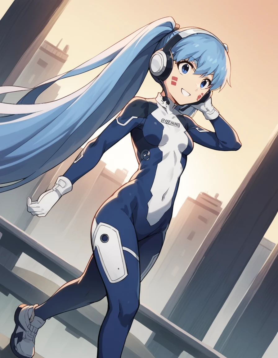 score_9, score_8_up, score_7_up, source_anime, <lora:hermit-mio-s1-ponyxl-lora-nochekaiser:1>, hermit mio, long hair, blue eyes, twintails, very long hair, blue hair, facial mark,, headphones, gloves, bodysuit, covered navel, pilot suit,, suburban neighborhood, morning jog, earphones, running shoes, fresh air, sunrise, smile, , hand behind head, solo,, cowboy shot, dutch angle