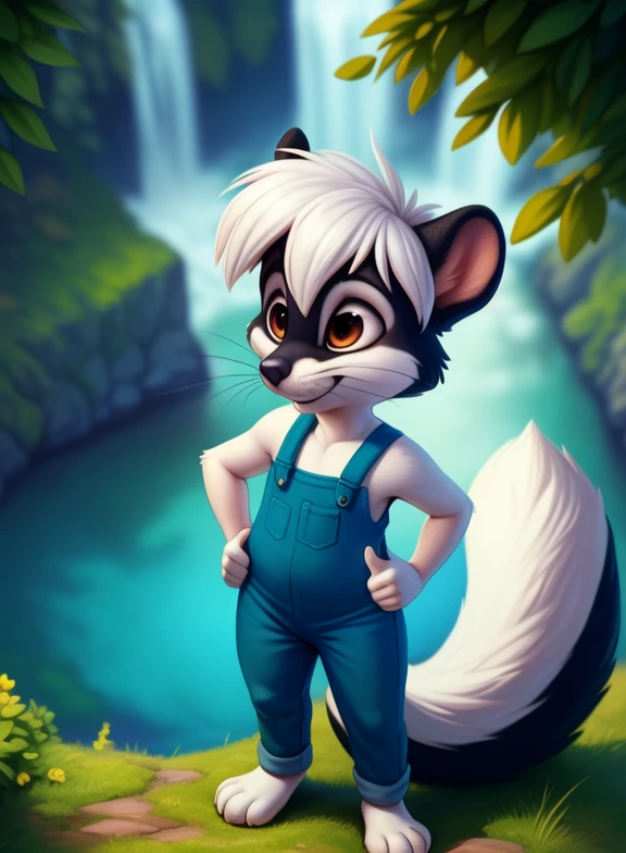 <lora:StinkyTomSawYif:1> StinkyTomSaw, skunk, black and white fur, red eyes, pants with suspenders, chibi,
[  solo, nature, forest, day, clouds, waterfall,  smile,] (solo focus, )  ((Hands on hips, standing, hand behind head, high-angle view,(thumbs up)))
(beautiful, aesthetic, perfect, delicate, intricate, saturated colors), masterpiece, digital drawing, best quality,
by ulitochka, by taran fiddler, by Silverfox5213, by personalami,