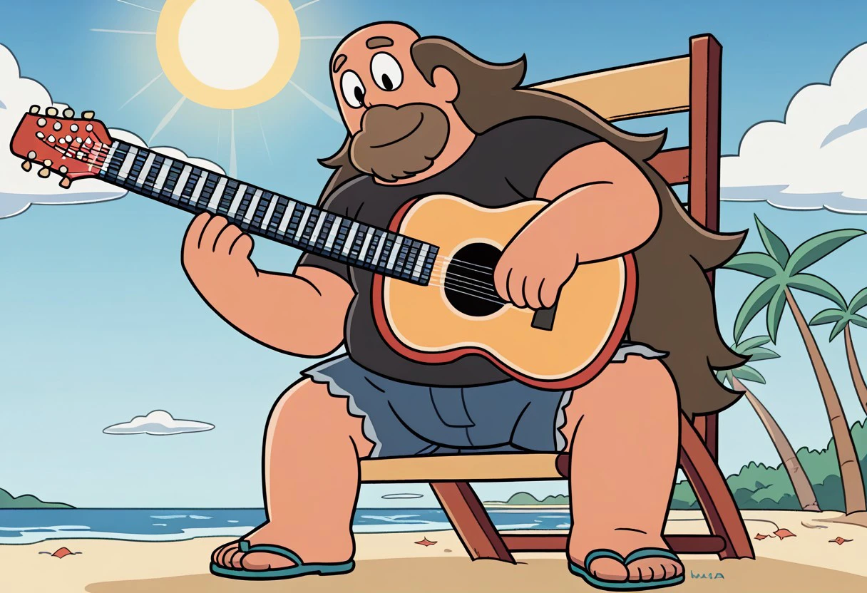 male focus, solo, sandals, shirt, shorts, brown hair, black shirt, facial hair, long hair, flip-flops, short sleeves, flat color, beard, fat, detail background, 4k, masterpiece, best quality, highly detailed, sitting in a beach chair with a guitar, looking at the horizon as the sun sets. The perspective is from a low angle, capturing the ocean and the sunset behind it.