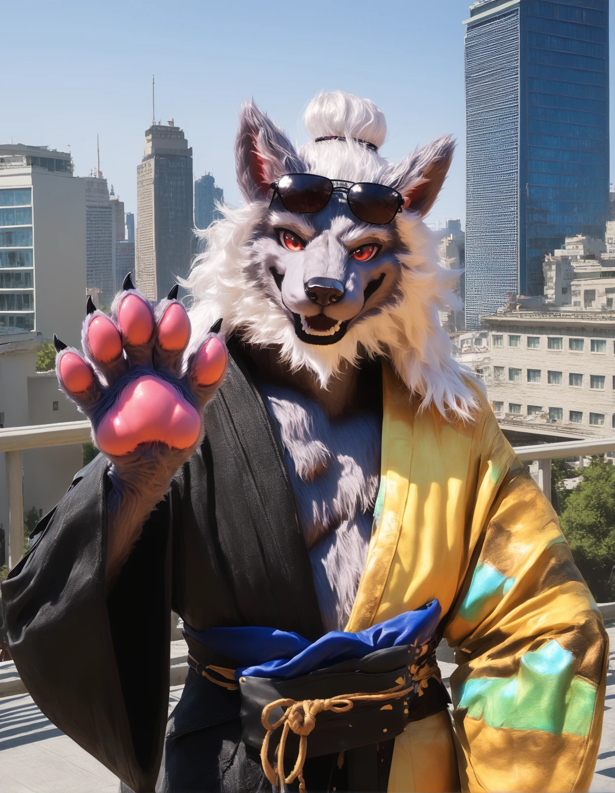 kemosuit, gz, wolf,male,solo,anthro,mature, hair bun,white mane hair,beard,battle robe, black sleeves, pattern robe, looking at viewer,red eyes, bust portrait, sunglasses on head, (waving at viewer:1.2), pink pawpads, smile, open mouth, city, skyline, photorealism, realistic fur,
<lora:kemosuit-xl-continue:1.2><lora:BlackMythGuangzhi_1.1.8:0.8>