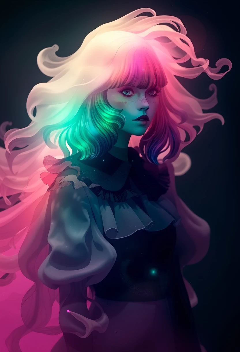 3d octane render of a dreamy, ethereal figure, gracefully enveloped in wisps of smoky whites, muted blues, and shadowy blacks, accented by gentle touches of eerie neon green and soft pink. The figure is dressed in a retro, ghostly indie fashion with flowing, billowing sleeves, delicate ruffled collars, and surrounded by a soft, otherworldly glow.