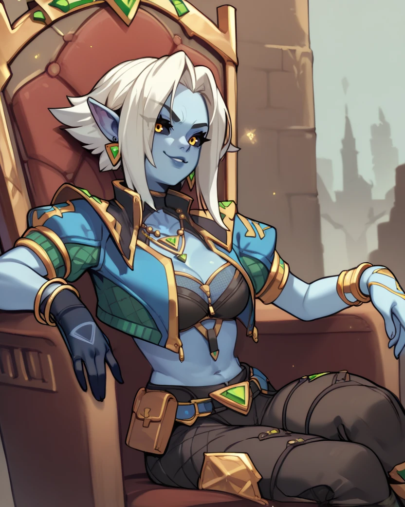 score_9,score_8_up,score_7_up,score_6_up,
Saatixl,white hair,yellow eyes,black sclera,smug,single glove,
necklace,looking at viewer,
sitting,throne,gold chest,
open cropped jacket,midriff,earrings,pants,bracelet,cleavage,
<lora:saatixl:0.9>,