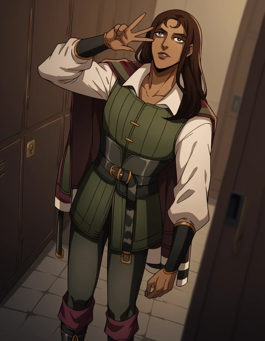 score_9, score_8_up, score_7_up, source_anime, <lora:castlevania-greta-ponyxl-lora-nochekaiser:1>, greta, long hair, brown hair, brown eyes, dark skin, dark-skinned female,, shirt, long sleeves, white shirt, boots, belt, pants, cape, black footwear, vest, knee boots,, school hallway, lockers, between classes, everyday life, , , hand making a peace sign, solo,, cowboy shot, dutch angle