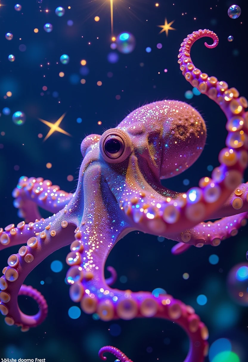 a surreal photo of an iridescent octopus floating through a galaxy of glowing stars <lora:Flux\surrealidescent_v1>