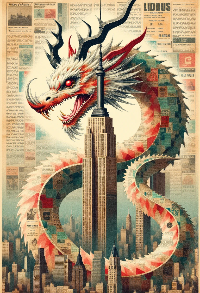 <lora:NstlgaNv__flux_EliPot:1> newspaper, collage, serpentine dragon with white fur and whiskers and green scales and red eyes with horns coiling around a skyscraper in a city