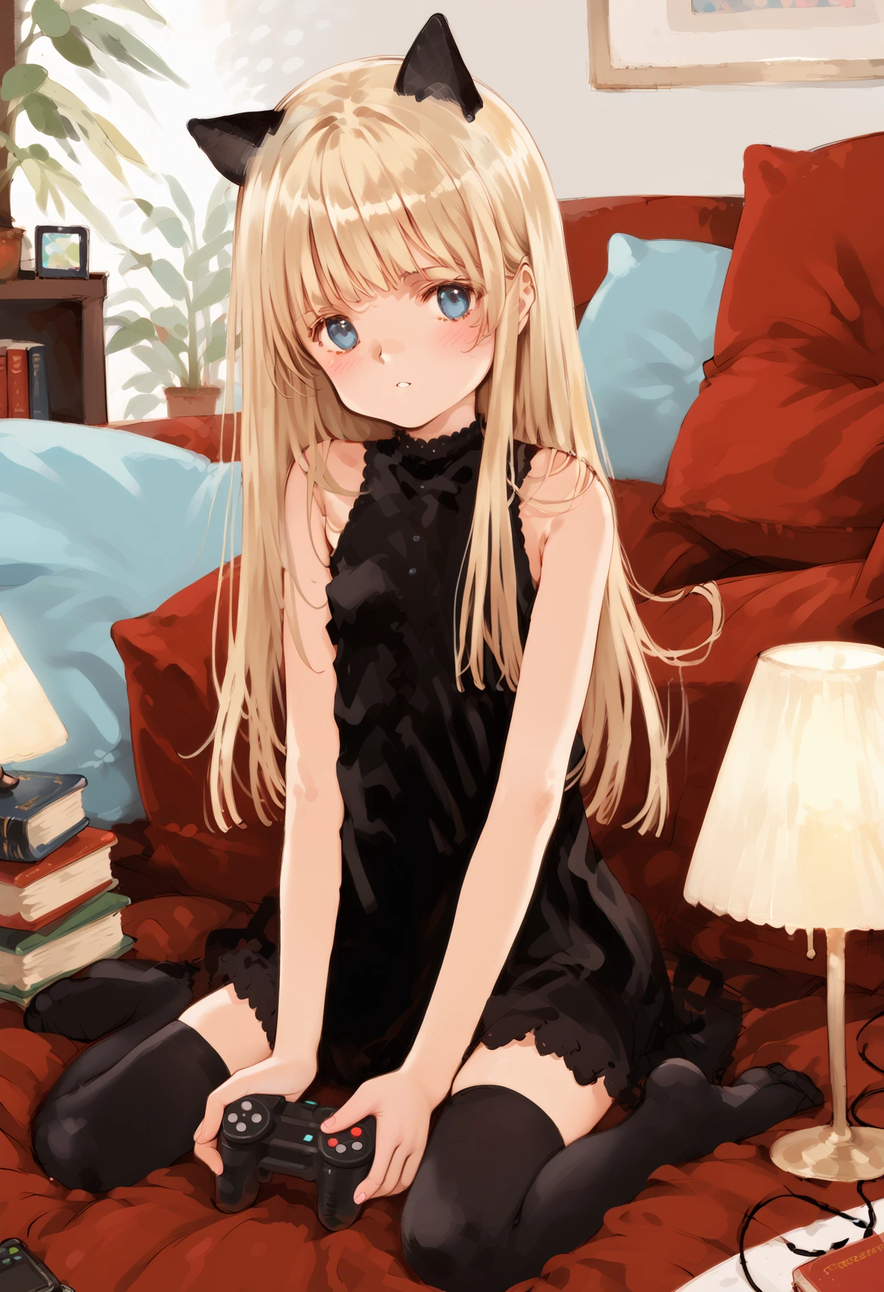 score_9,score_8_up,score_7_up,source_anime BREAK masterpiece,best quality,very aesthetic,absurdres,1girl,
<lora:ema_p_v1:1>,ema,blue eyes,blonde hair,long hair,black thighhighs,black dress,dress,sleeveless,thighhighs,black dress,looking at viewer,parted lips,cat ears,bare shoulders,<lora:Fixhands_anime_bdsqlsz_V1:1>,game controller,sitting,controller,wariza,lamp,book,gamepad,pillow,blush,indoors,book stack,game console,bare legs,, masterpiece,best quality, very aesthetic, absurdres, ultra detailed, high resolution, 4k, extremely detailed CG,