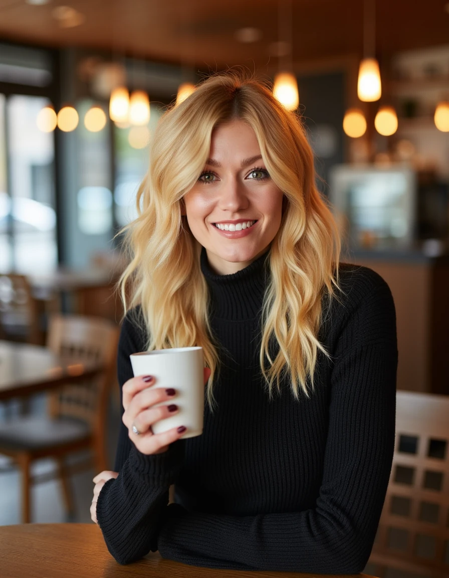 <lora:Katherine_McNamara:1>realistic photo of katherinemc, blonde, wearing a turtleneck fitted sweater in a cafe having a coffee. looking at the viewer, smiling