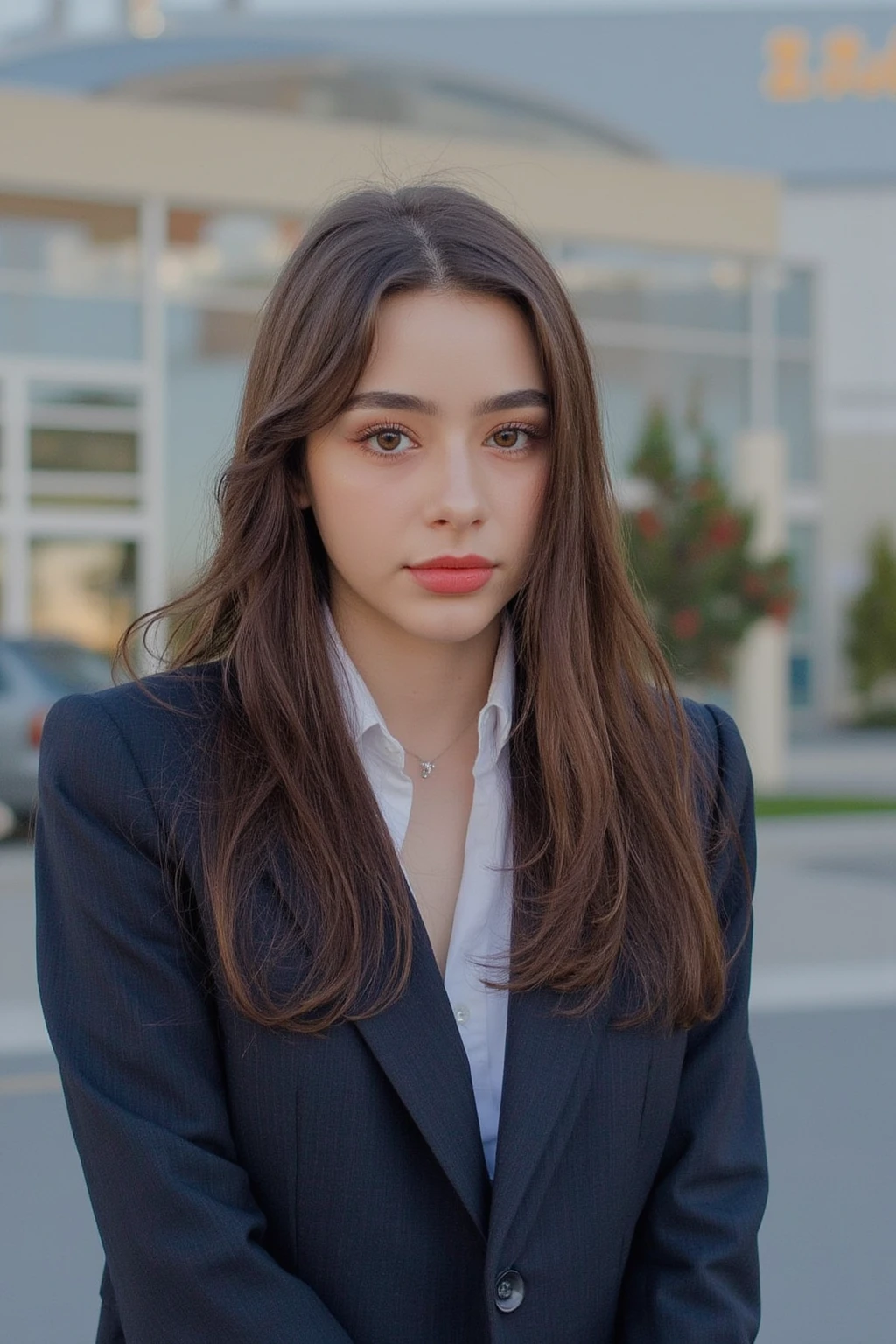 Instagram close up portrait of a young woman DashaTaran, wearing a suit.