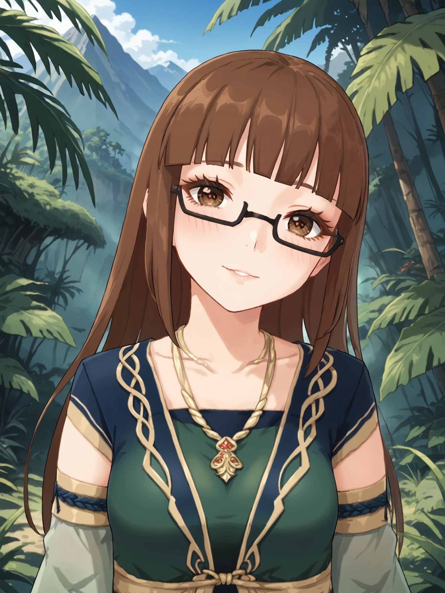 score_9, score_8_up, score_7_up, source_anime, BREAK
<lora:age_slider_v4:0>, (detailed eyes, detailed face, beautiful eyes, long eyelashes, thick eyelashes:1.5), (outdoors, jungle, forest, mountains, blue sky:1.5), (upper body, portrait, closeup:2.5), looking up at viewer, (facing viewer, facing forward, shy, embarrassed:1.5), pov, smile,(tilting head, head tilt:1.6), parted lips, BREAK
<lora:Genshin_NPC_Alrani_Pony_v1:0.8>, galrani, brown hair, brown eyes, blunt bangs, long hair, jewelry, necklace, bridal gauntlets, semi-rimless eyewear, green dress, long dress, black-framed eyewear, under-rim eyewear, green dress, (detached sleeves, long sleeves, wide sleeves:1.5),