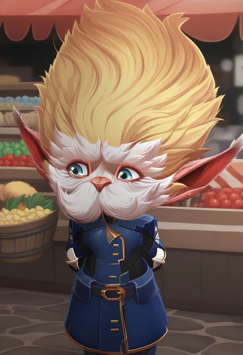 Heimerdinger blue eyes facial hair, blond hair, in a market, in front of a stall, with kids in background