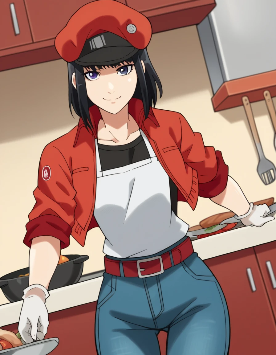 score_9, score_8_up, score_7_up, source_anime, <lora:red-blood-cell-nt4201-s1-ponyxl-lora-nochekaiser:1>, red blood cell nt4201, short hair, black hair, purple eyes,, shirt, gloves, hat, jacket, belt, pants, white gloves, black shirt, denim, red headwear, red jacket, jeans, cabbie hat,, kitchen, cooking, apron, cutting vegetables, home cooking, smile, looking at viewer, arm wrapped around someone, solo,, cowboy shot, dutch angle