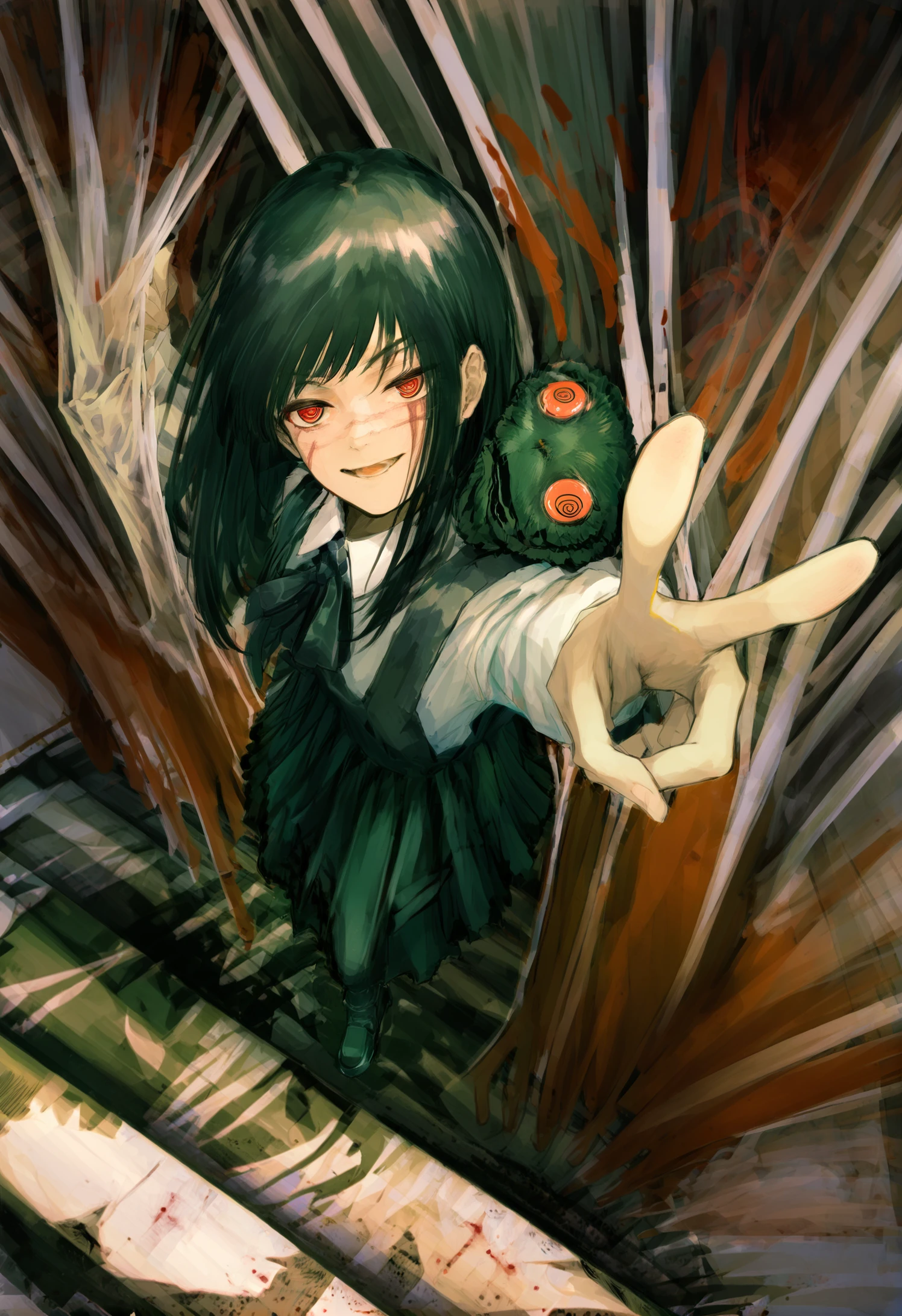 masterpiece, best quality,yoru \(chainsaw man\), 1girl, scar on face, fourth east high school uniform, scar, dress, school uniform, black hair, red eyes, looking at viewer, sleeveless dress, open mouth, v, solo, scar on cheek, pinafore dress, sleeveless, ringed eyes, long hair, smile, shirt, white shirt, cross scar, collared shirt, blood, neck ribbon 
<lora:xilmoXLlokr4f-000185:0.95>