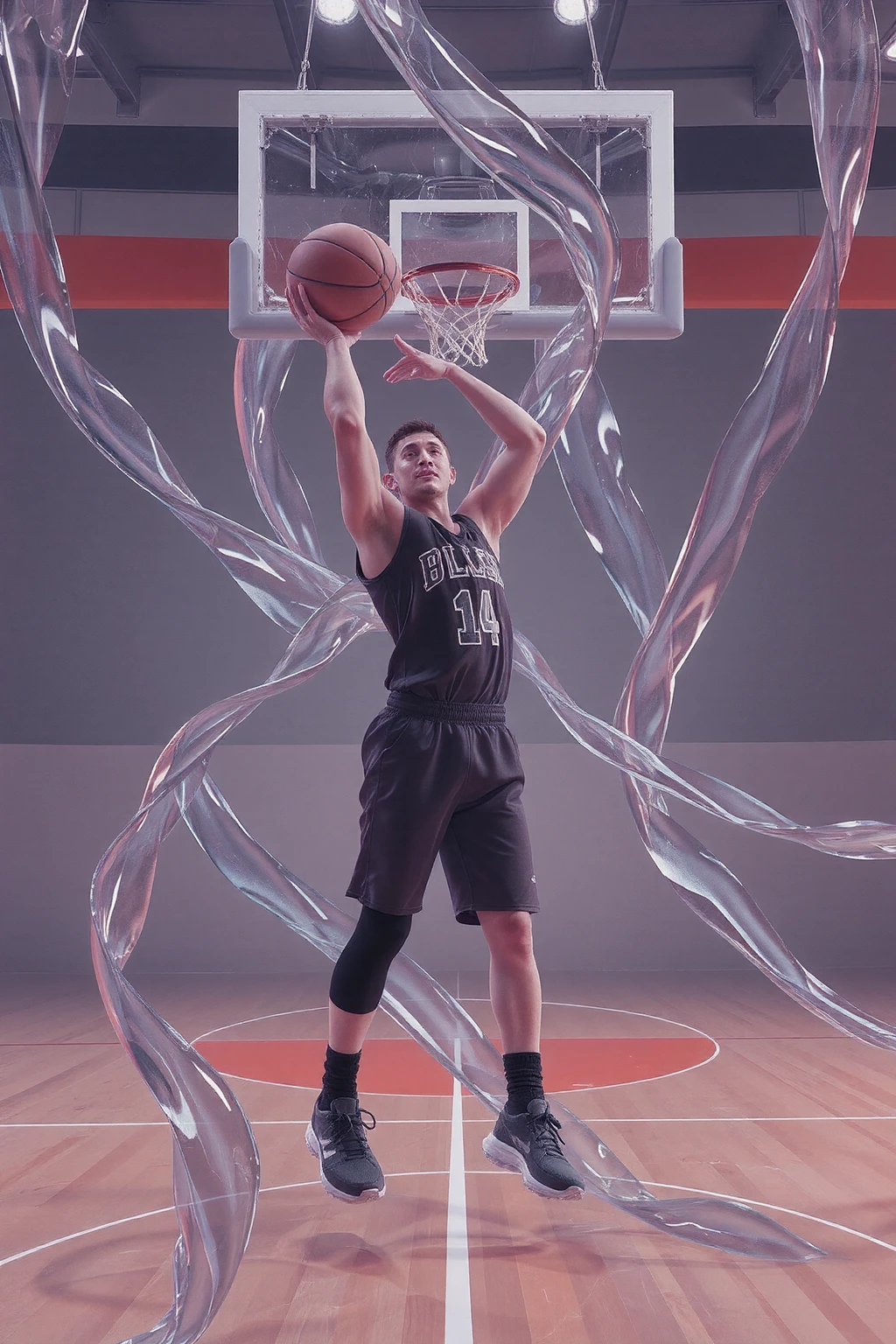 bingyuzai,In the basketball court, a basketball player is shooting the moment, the basketball player is surrounded by transparent glass ribbons