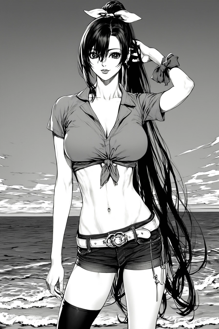 score_9, score_8_up, score_7_up, score_6_up, score_5_up, score_4_up,  <lora:Boichi_style_pony:1>, boichi style, monochrome, 1girl, standing, solo, sheathed, asymmetrical clothes, navel, very long hair, tied shirt, midriff, hair ribbon, single pantsleg, shirt, ponytail, hair, large breasts, jeans, ribbon, belt, asymmetrical legwear, looking at the viewer, masterpiece, highres, highly detailed face, highly detailed shining eyes, symmetrical highly detailed eyes, entire body, beach, sand, sea