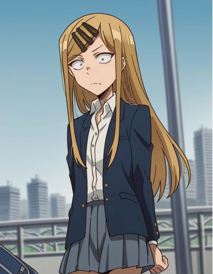 sayaendou, <lora:saya endou s2-lora-nochekaiser:1>,
saya endou, long hair, blonde hair, hair ornament, (brown eyes:1.5), hairclip, fang, wide-eyed, (constricted pupils:1.5), sanpaku,
BREAK skirt, shirt, hair ornament, school uniform, jacket, pleated skirt, socks, blazer,
BREAK indoors, classroom,
BREAK looking at viewer,
BREAK <lyco:GoodHands-beta2:1>, (masterpiece:1.2), best quality, high resolution, unity 8k wallpaper, (illustration:0.8), (beautiful detailed eyes:1.6), extremely detailed face, perfect lighting, extremely detailed CG, (perfect hands, perfect anatomy),