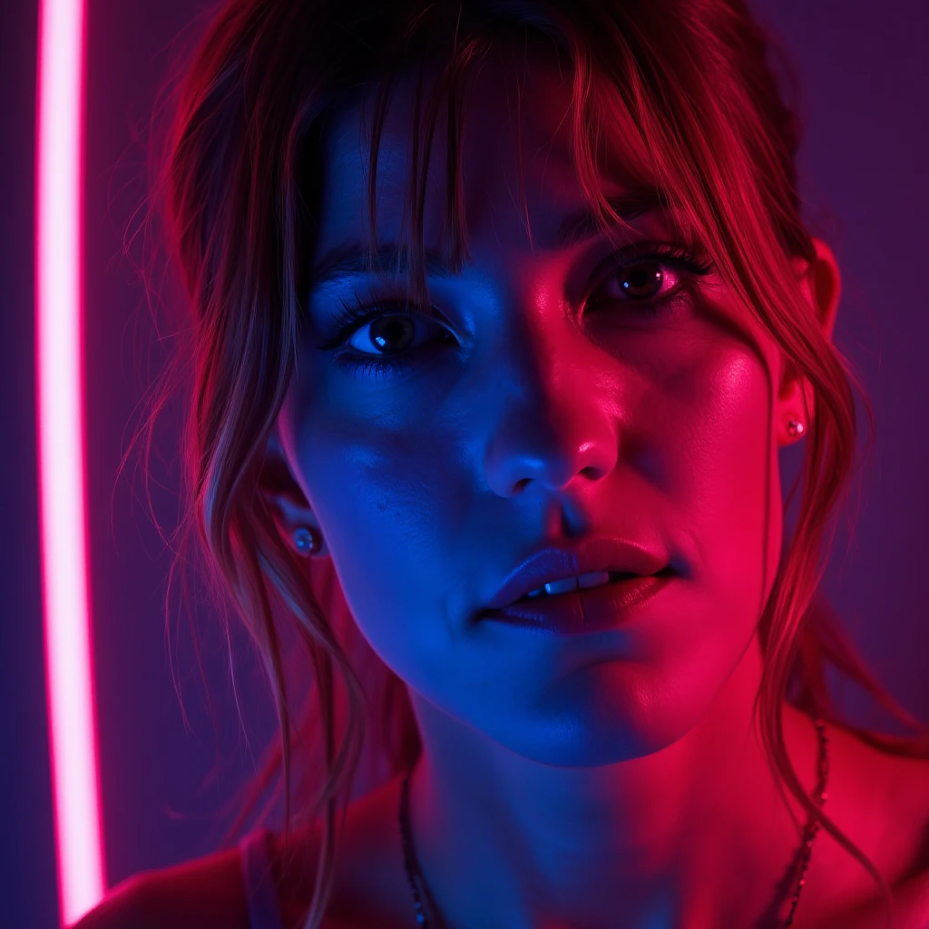 woman, light makeup,kodachrome, neon,cyberpunk, looking at viewer, frontview