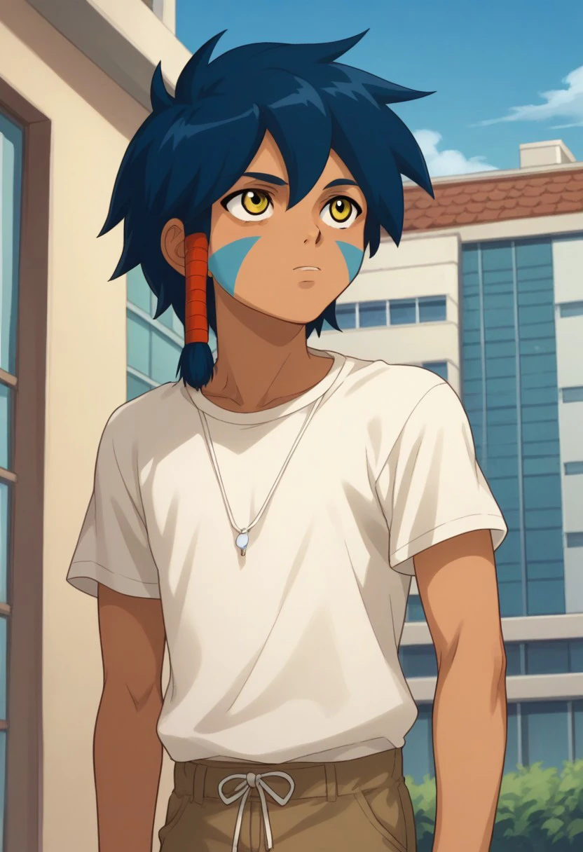 score_9, score_8_up, score_7_up, source_anime, highly detailed,
keenan, 1boy, solo, yellow eyes, blue hair, hair tube, facial mark, male focus, dark skin, facepaint, t-shirt, pants, looking up, curious
outdoor, modern, building, sky,