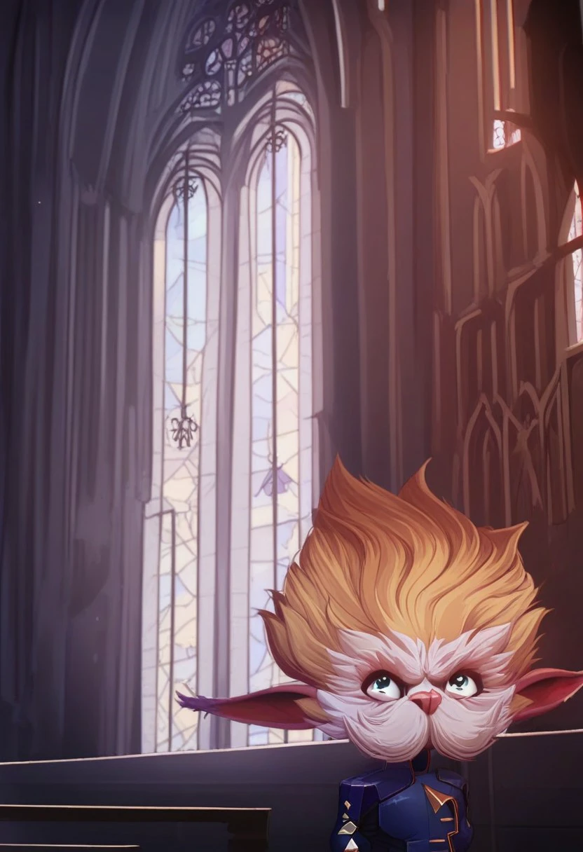 Heimerdinger blue eyes facial hair, blond hair, in a church with a large window, serious look, with kids in background