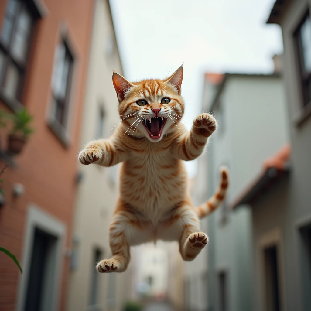 An angry cat jumping from a building.