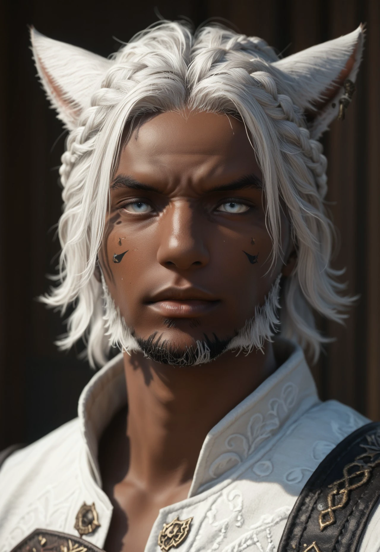 Score_PnyReal, A cinematic shot, catboy, solo, animal ears, dark skin, 1boy, face_2_xiv, dark-skinned male, male focus, dreadlocks, facial hair, cat ears, white hair, beard, portrait, braid, facial mark, white eyes, closed mouth, miqo'te, ffxiv, 3d