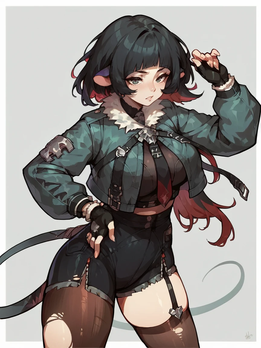 score_9, score_8_up, score_7_up, score_6_up, score_5_up,   <lora:janedoeXLP:0.8> 1girl, jane doe, solo, rat ears, black hair, torn clothes, fingerless gloves, jacket, shorts, pantyhose, thighhighs, multicolored hair, curvy, large breasts, sexy