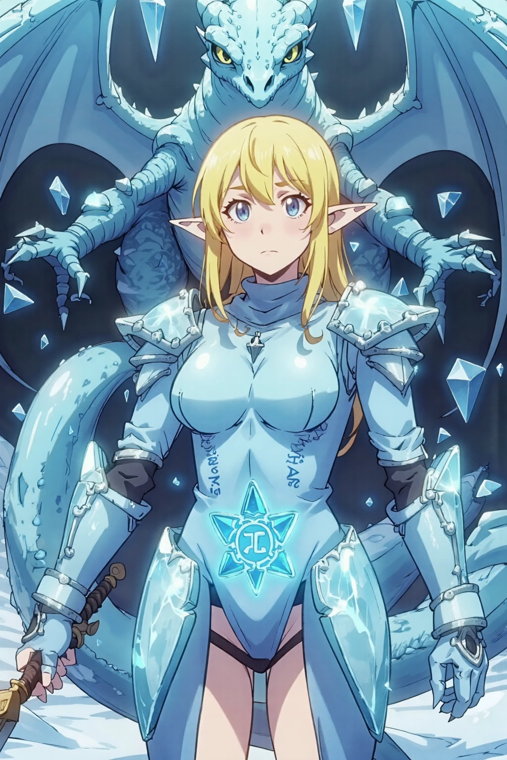 Cowboy shot, break ,Tuka_Luna ,woman ,blonde hair, solo, blue eyes, long hair, pointy ears, elf, Break, A woman surrounded by a majestic ice dragon. Her body is covered with ice armor that is organically formed, and she holds an ice sword in her hand. On its stomach, blue runes glow that seem to have magical power. The scene is a mix of fantasy and action, with a "cowboy shot" style that emphasizes the girl's heroics. The ice dragon in the background adds a touch of drama and danger to the image