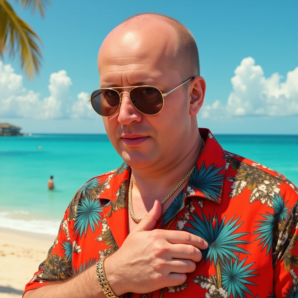 vector art, close-up, portrait of portrait burunov, (bald:0.6), on the beach in a hawaiian shirt, gold chain, <lora:Burunov _Rank128_17GB_Free0:1>, shows the finger ok, intricate details, a lot of color, many small strokes, 8k, breathtaking, extremely detailed, beautiful, artistic, hyperrealistic