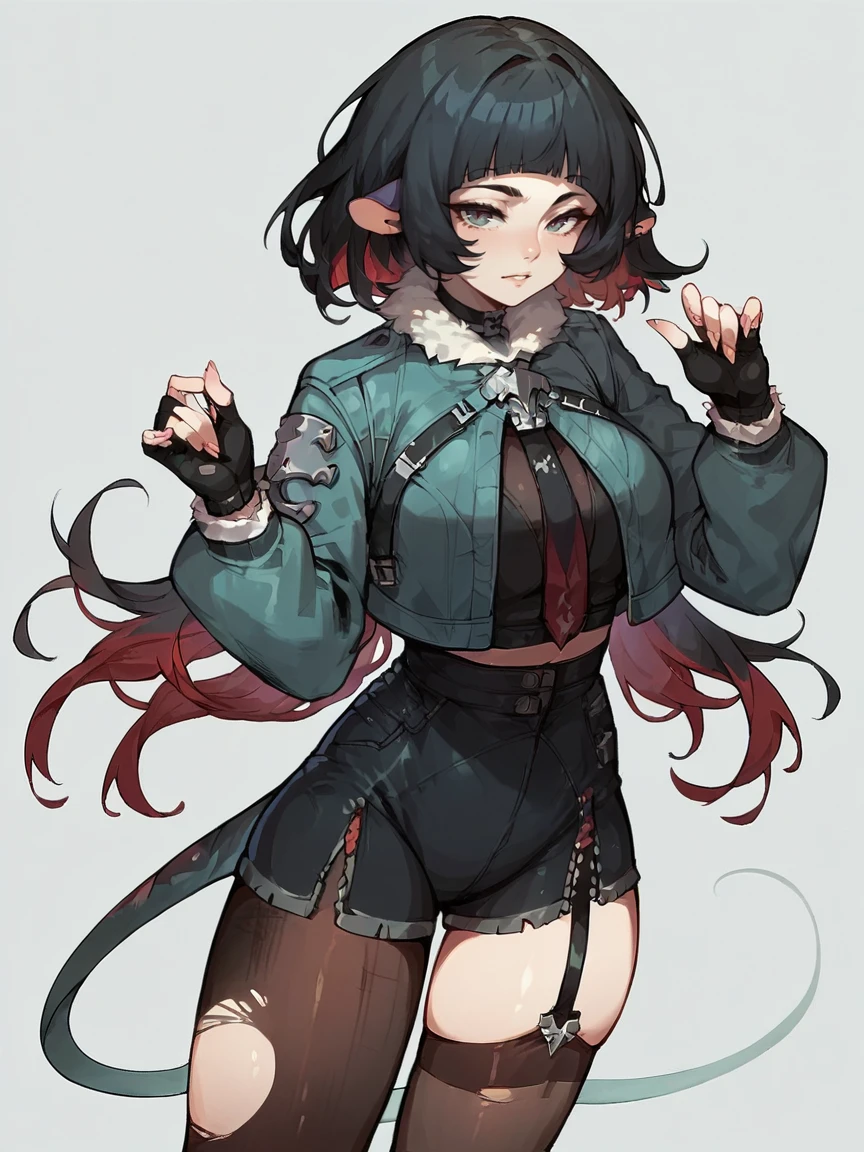 score_9, score_8_up, score_7_up, score_6_up, score_5_up,   <lora:janedoeXLP:0.8> 1girl, jane doe, solo, rat ears, black hair, torn clothes, fingerless gloves, jacket, shorts, pantyhose, thighhighs, multicolored hair, curvy, large breasts, sexy