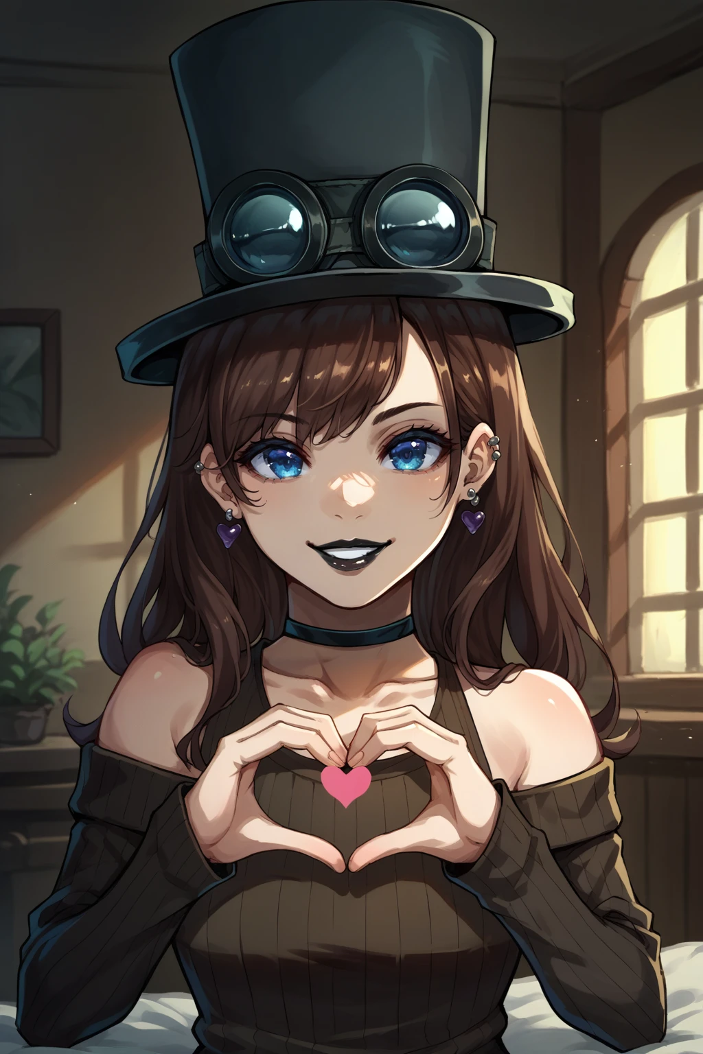 score_9, score_8_up, 1girl, solo, <lora:NSSteampunkerTerraria:1> NSStpumker, brown hair, long hair, blue eyes, top hat, goggles on headwear, black choker, ear piercings, purple eye shadow, black lipstick, smile, black sweater, shoulder cutouts, long sleeves, heart hands, indoors, bare shoulders