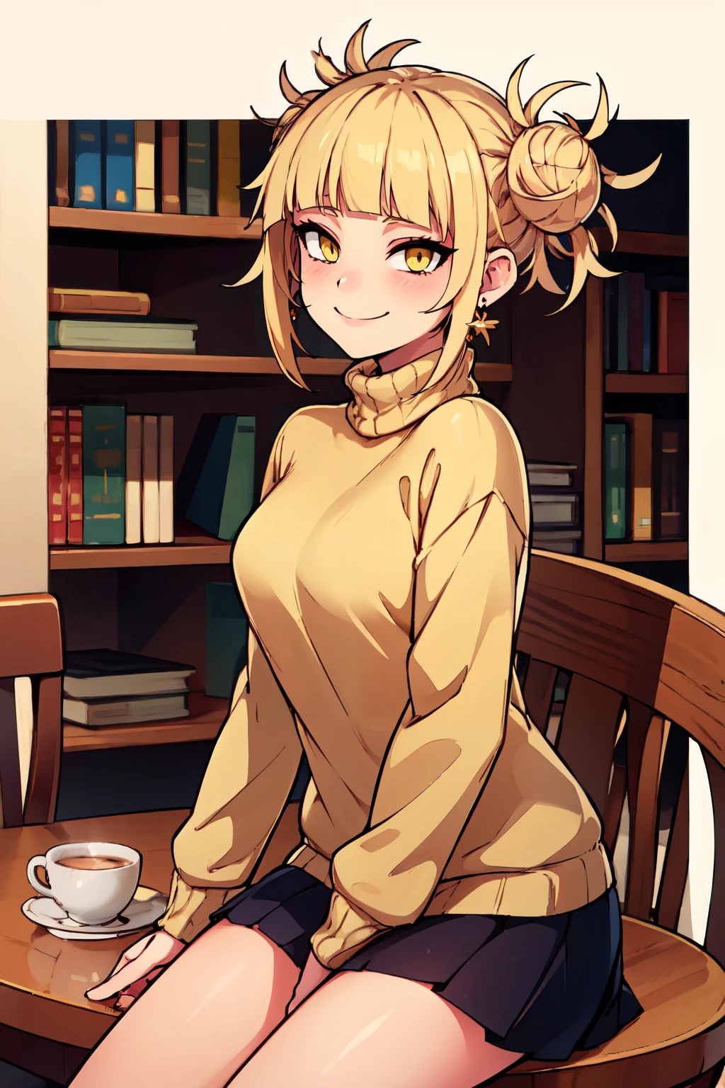 ((masterpiece,best quality)), absurdres,  BREAK, , <lora:Toga_Himiko:0.8>, zztoga, bangs, blonde hair, yellow eyes, blunt bangs, hair bun, double bun, messy hair,, BREAK, turtleneck sweater, earrings, library, cup of coffee, sitting at table, BREAK, solo, smile, looking at viewer, cowboy shot,