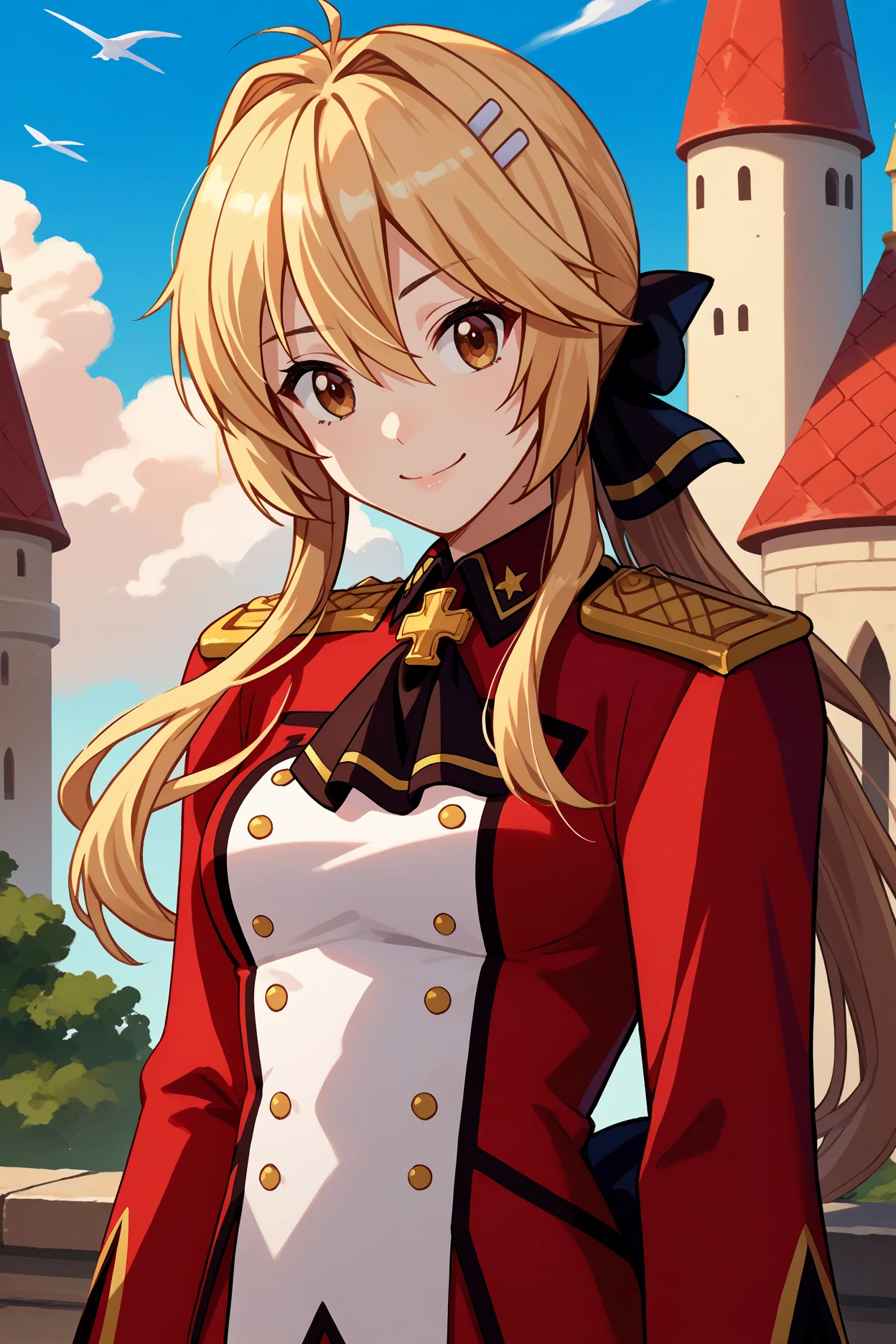 score_9, score_8_up, score_7_up, score_6_up, source_anime, 1girl, solo,   <lora:lisciaelfrieden-pdxl-nvwls-v1-000005:1> liscia, blonde hair, low ponytail, brown eyes, hairclip, hair bow, black ascot, red coat, epaulettes, long sleeves, military uniform, red skirt, white pants, blue sky, clouds, looking at you, breasts, upper body, looking at you, smile, castle