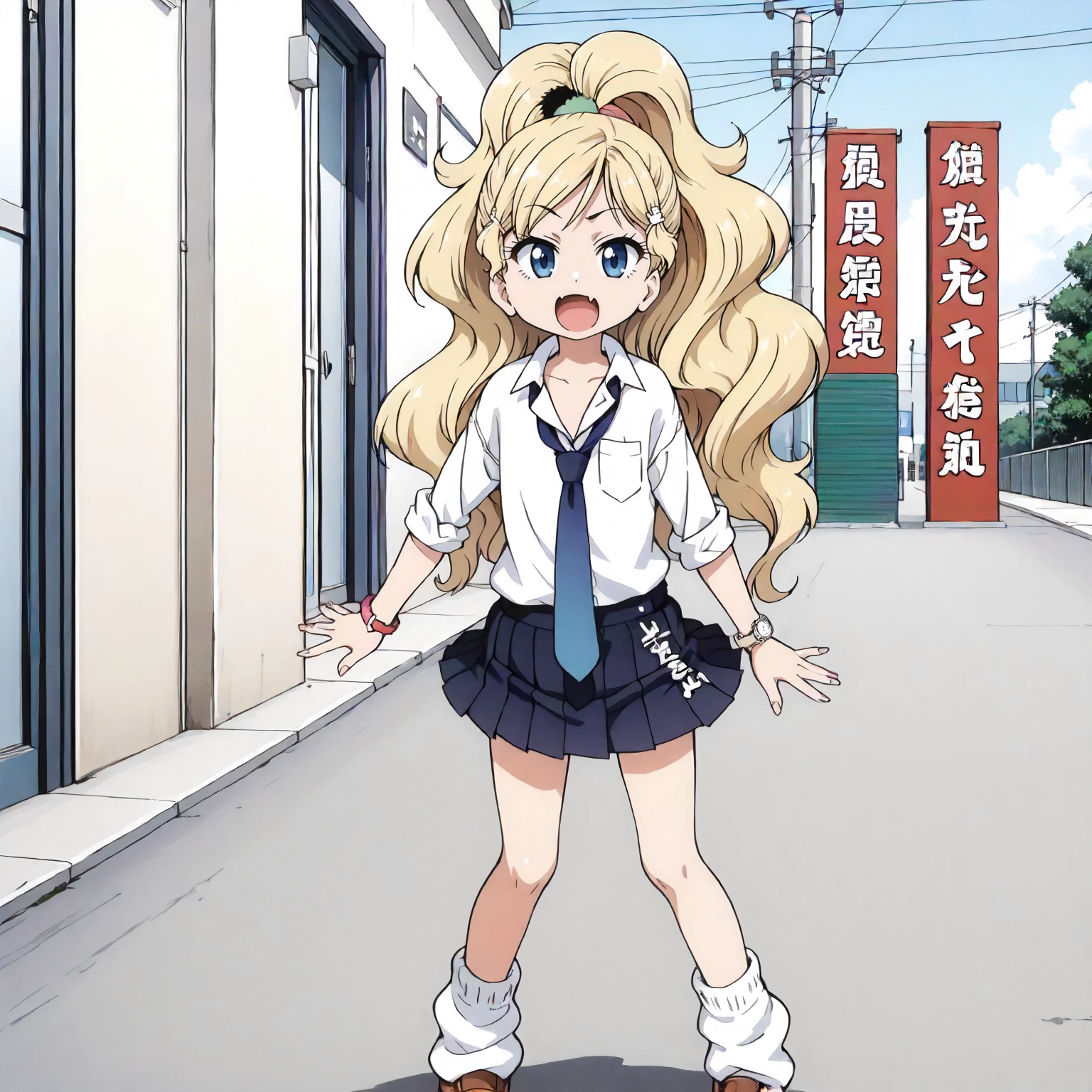 <lora:EPP_MokaChigasakiXLpony002>,
outdoors,
open mouth,skin fang,
solo,
MokaChigasaki,1girl,blonde hair,high ponytail,hairclip,hair_ornament,blue eyes,
collared_shirt,necktie,sleeves rolled up,
pleated_skirt,skirt decoration,
bracelet,watch,
loose socks,uwabaki,
standing,