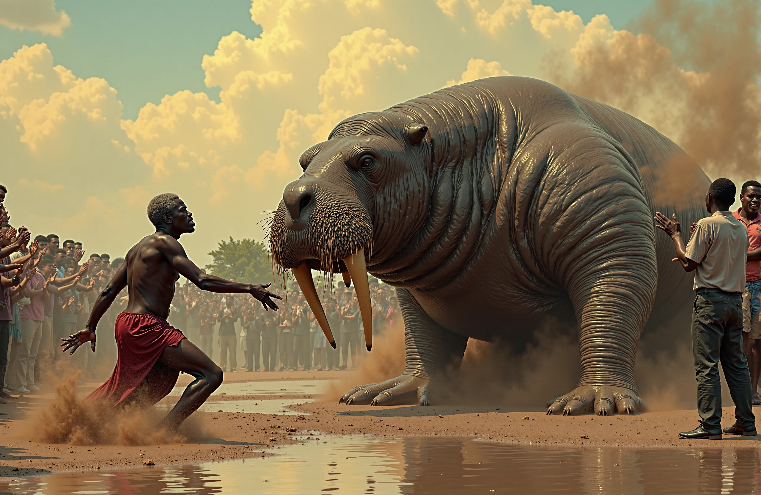 Pictorialism illustrationThe most popular man in the world straining as he battles a walrus <lora:The_most_popular_man_in_the_world:0.9> . soft focus, atmospheric effects, artistic interpretation, tonality, muted colors, evocative storytelling