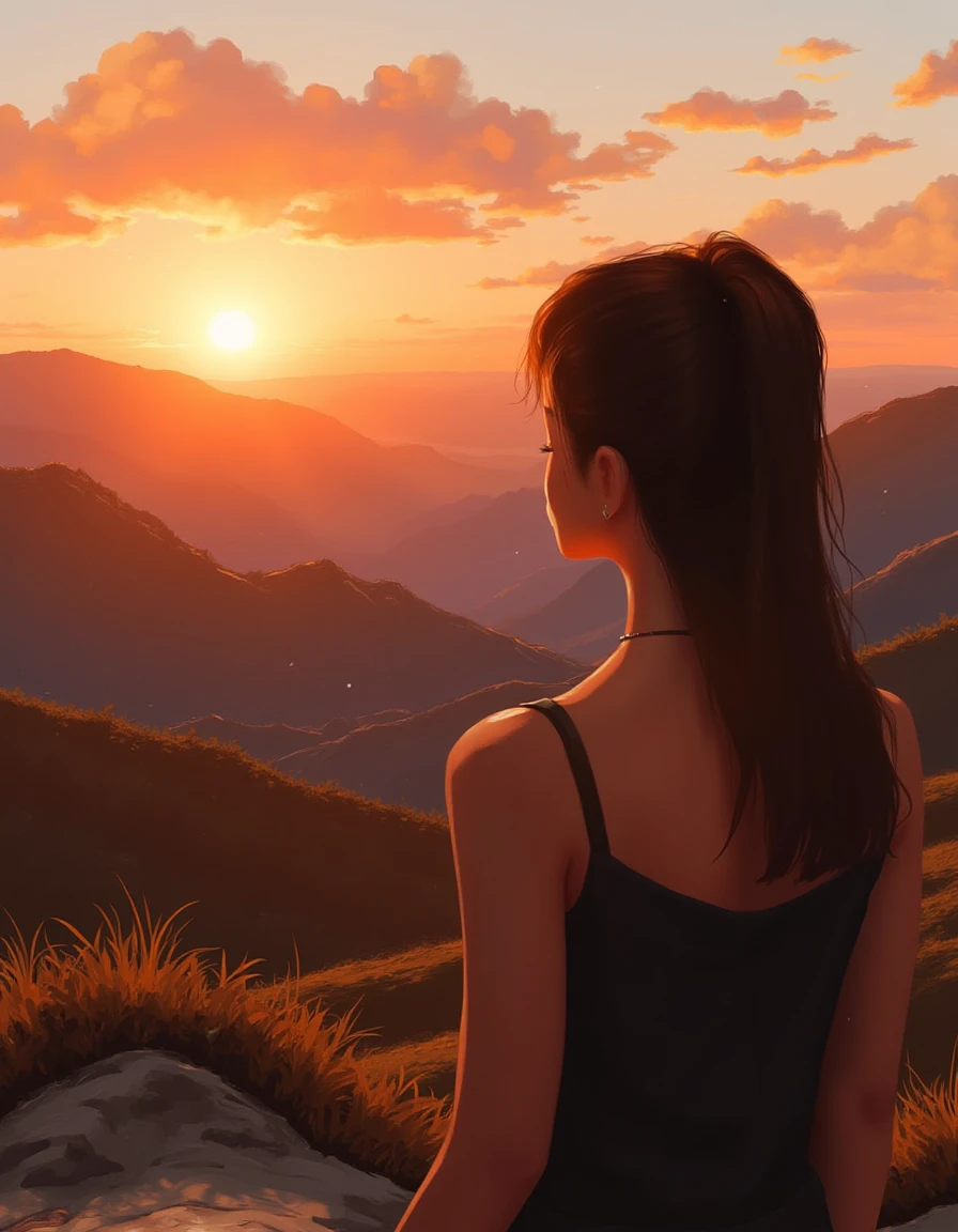 a woman watching the sun set over the mountains, by masterados