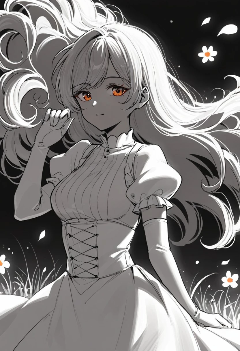 score_9, score_8_up, score_7_up, rating_safe, 1girl, solo, long hair, curly hair, wavy hair, orange hair, orange eyes, looking at viewer, breasts, dress, white dress, puffy sleeves, puffy short sleeves, short sleeves, gloves, elbow gloves, white gloves, cowboy shot, closed mouth, standing, outdoors, field, flower, grass, plant, sky, monochrome, greyscale, dark, black background, spot color