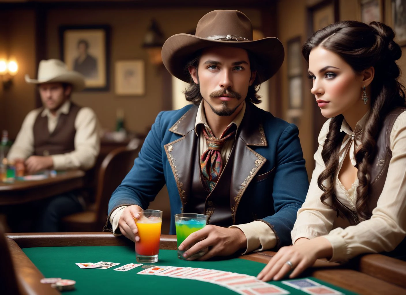 old west salon, 1800's, poker table
cowboy, drinking rainbow drink