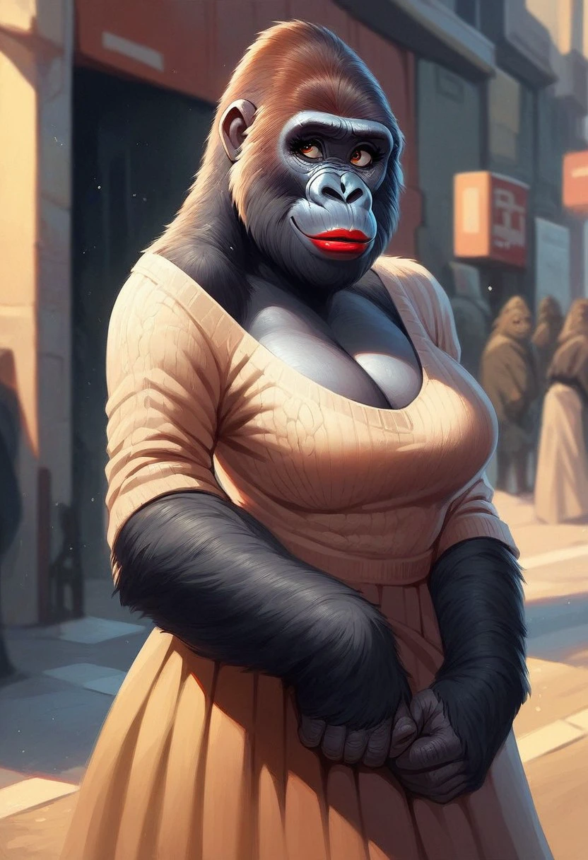 score_9_up, score_8_up, score_7_up, score_6_up, 1girl, solo, Fem_gorilla, grey fur, red lipstick, large breasts, shy smile, standing in a street, (painted art)