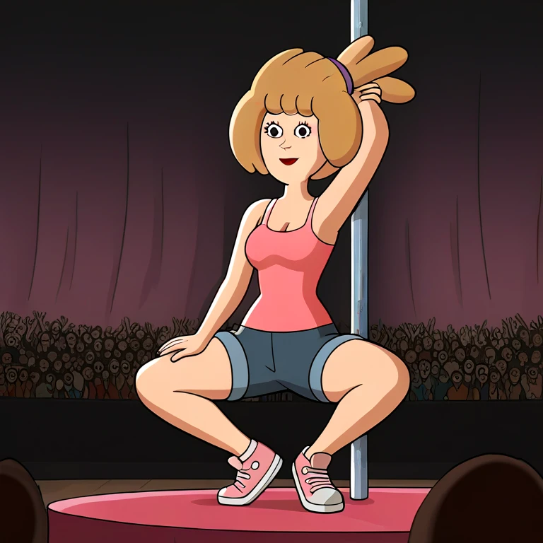 <lora:Tinona_Sumouski_PONY:0.85> 1girl, black eyes, blond hair, big hair, long hair, makeup, ponytail, pink tank top, sleeveless shirt, jean shorts, jorts, full body, hair up, pink and white sneakers, smile, stripper pole, on stage, crowd watching, looking at viewer, sexy,, source_cartoon, score_9, score_8_up, score_7_up,