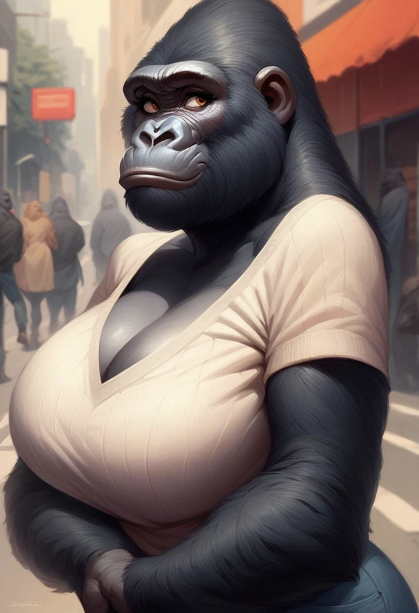 score_9_up, score_8_up, score_7_up, score_6_up, 1girl, solo, Fem_gorilla, grey fur, massive breasts, shy smile, standing in a street, (painted art)