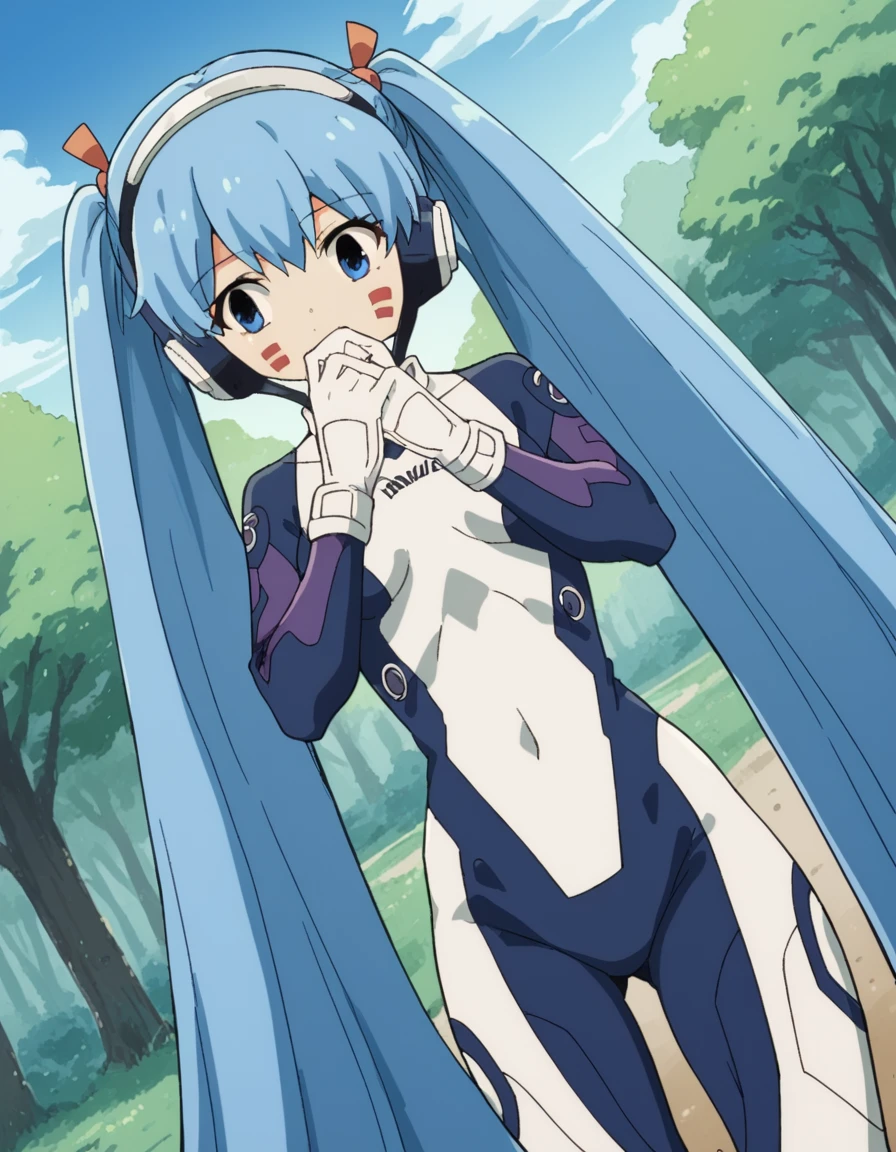 score_9, score_8_up, score_7_up, source_anime, <lora:hermit-mio-s1-ponyxl-lora-nochekaiser:1>, hermit mio, long hair, blue eyes, twintails, very long hair, blue hair, facial mark,, headphones, gloves, bodysuit, covered navel, pilot suit,, bike ride, countryside, dirt road, trees, afternoon sun, peaceful, alone, smile, , hand covering mouth, solo,, cowboy shot, dutch angle