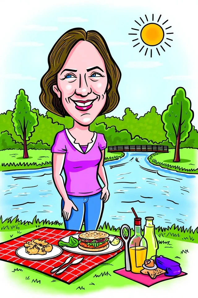 crctfl style, woman standing, closeup, exaggerated, expressive, comedy, parody, illustration, Riverside picnic and sunny afternoon 
<lora:flux_events_Caricature_crctfl_style:1>