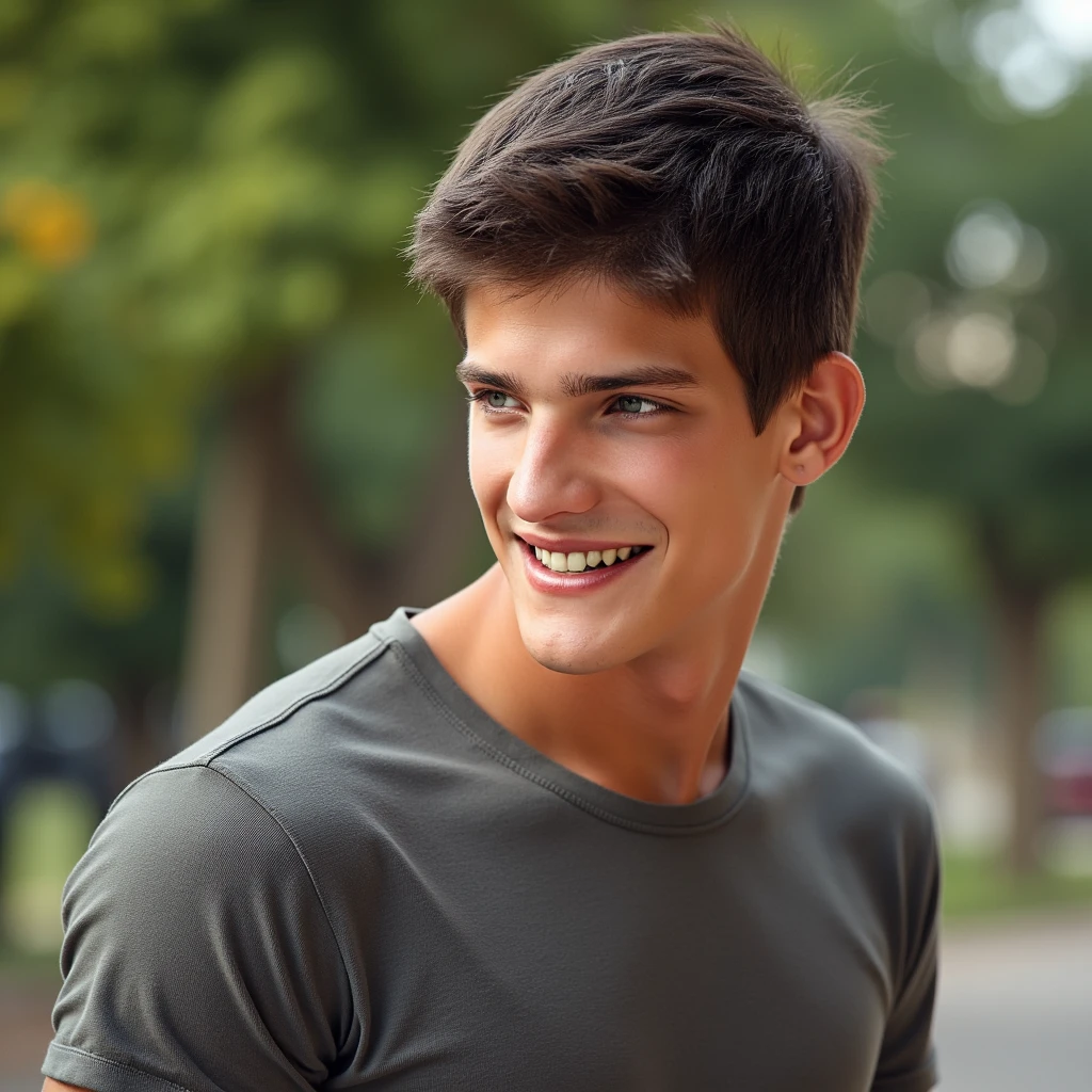 (danny, handsome male 20 yo, slim athletic) profile, looking away, smile, teeth, casual clothes, portrait, close up view