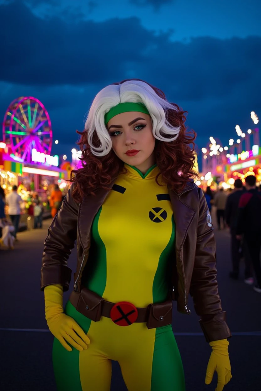 xrgmn woman costume green and yellow bodysuit cosplay, belt, jacket, gloves, brown and white hair, green hair band, 
Victoria, Esme,
Carnival at night and colorful lights at background, Overcast with fog patches 
<lora:flux_events_Rogue_xrgmn_woman:1>